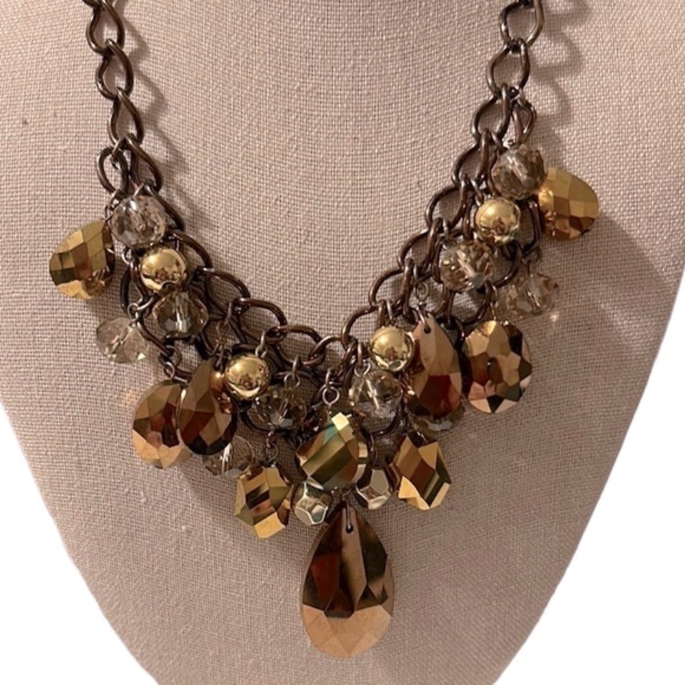 Antique Bronze Chain Necklace With Amber Colored Faceted Beads